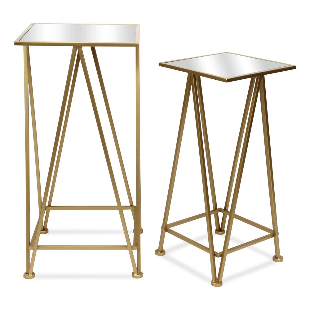 Set of Two Silver and Black Mirrored Glass and Steel Square Frame Nested Tables — view 12