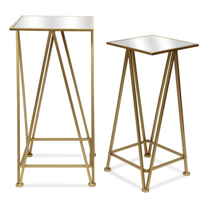 Set of Two Silver and Black Mirrored Glass and Steel Square Frame Nested Tables HomeRoots