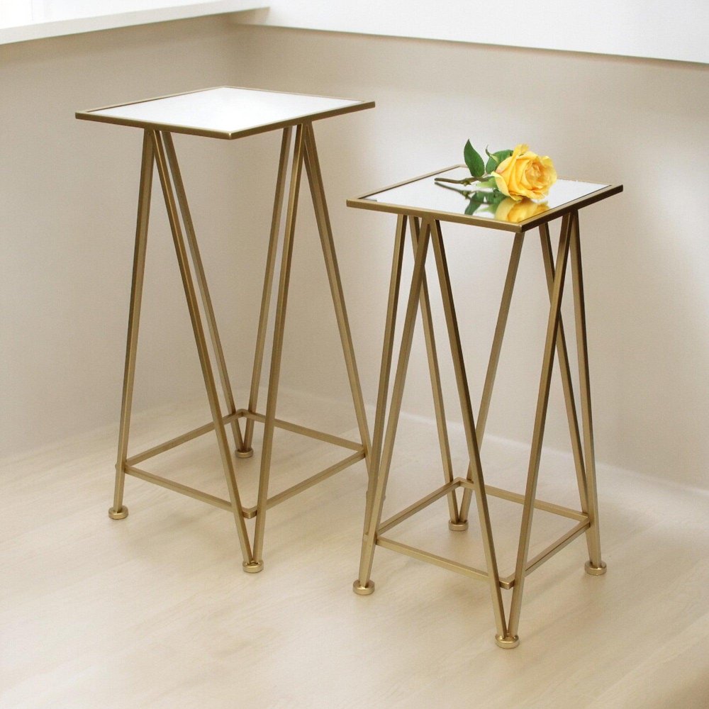 Set of Two Silver and Black Mirrored Glass and Steel Square Frame Nested Tables — view 21