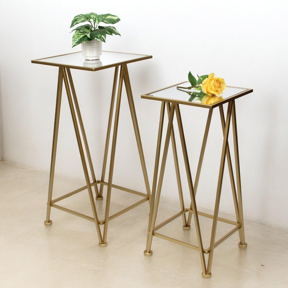 Set of Two Silver and Black Mirrored Glass and Steel Square Frame Nested Tables HomeRoots