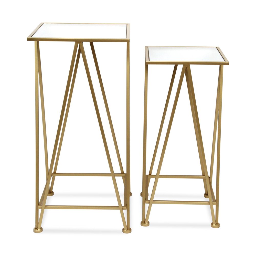 Set of Two Silver and Black Mirrored Glass and Steel Square Frame Nested Tables HomeRoots