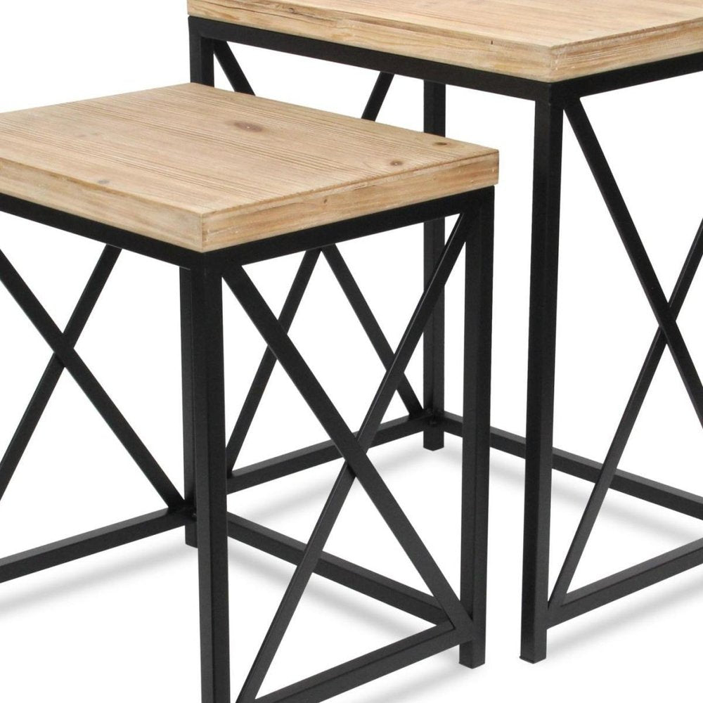 Set of Two Light Brown and Black Distressed Solid Wood and Steel Nested Tables HomeRoots