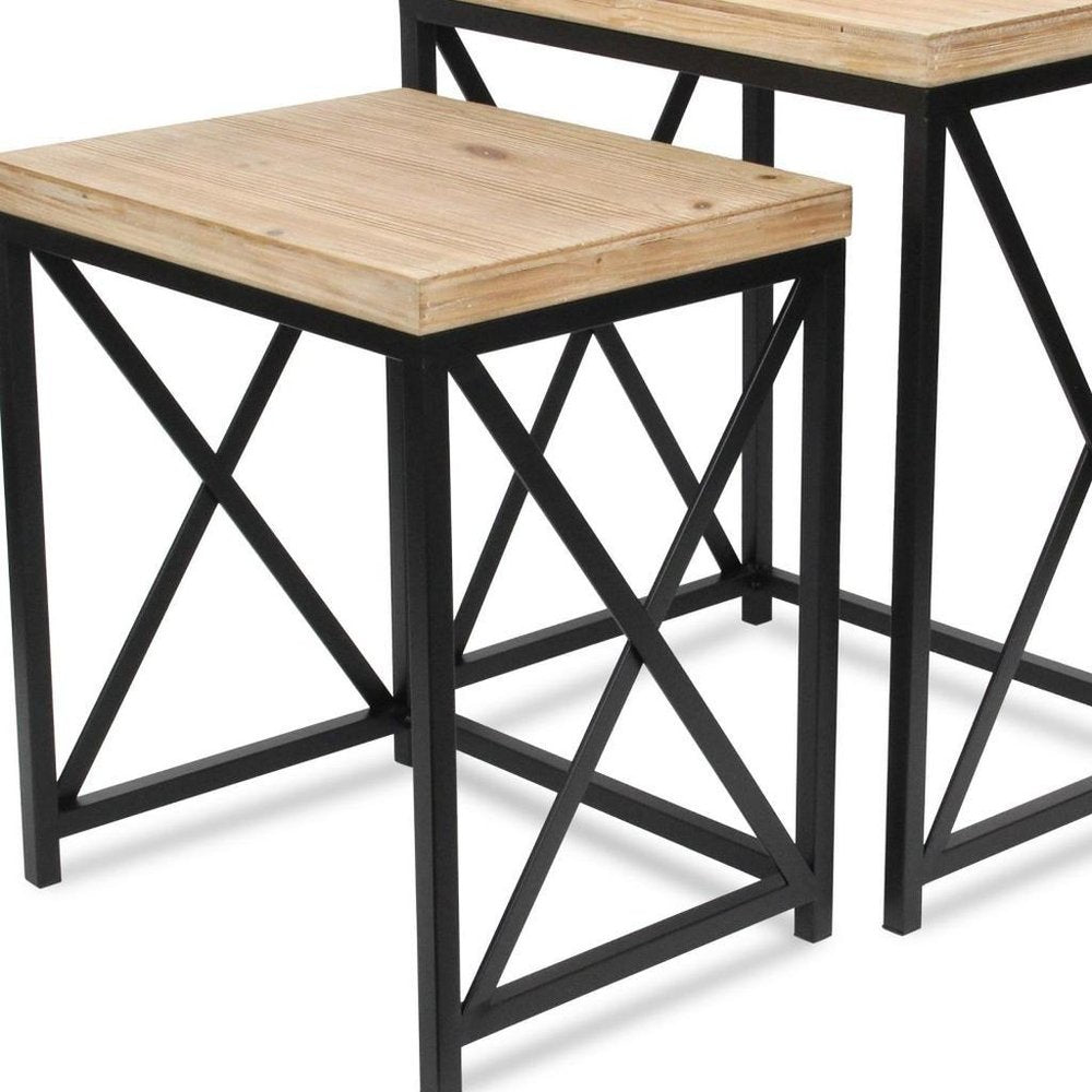 Set of Two Light Brown and Black Distressed Solid Wood and Steel Nested Tables — view 8