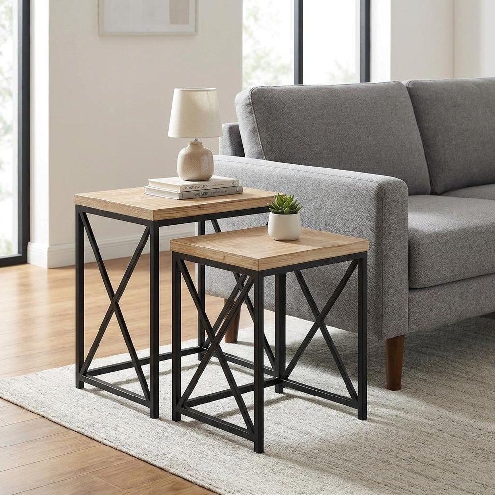 Set of Two Light Brown and Black Distressed Solid Wood and Steel Nested Tables — view 10