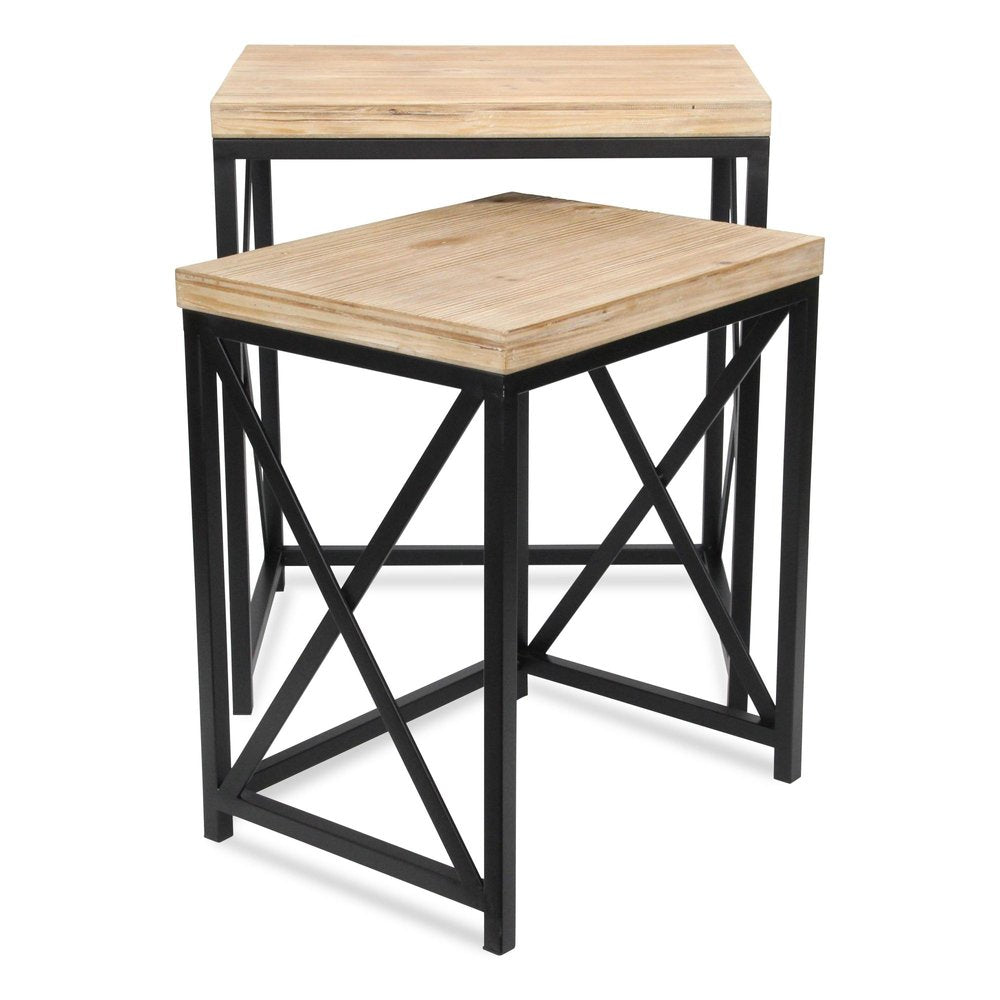 Set of Two Light Brown and Black Distressed Solid Wood and Steel Nested Tables HomeRoots