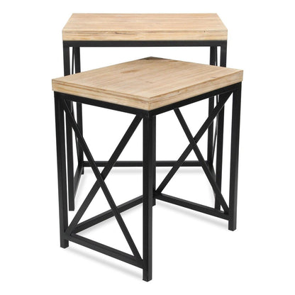 Set of Two Light Brown and Black Distressed Solid Wood and Steel Nested Tables HomeRoots