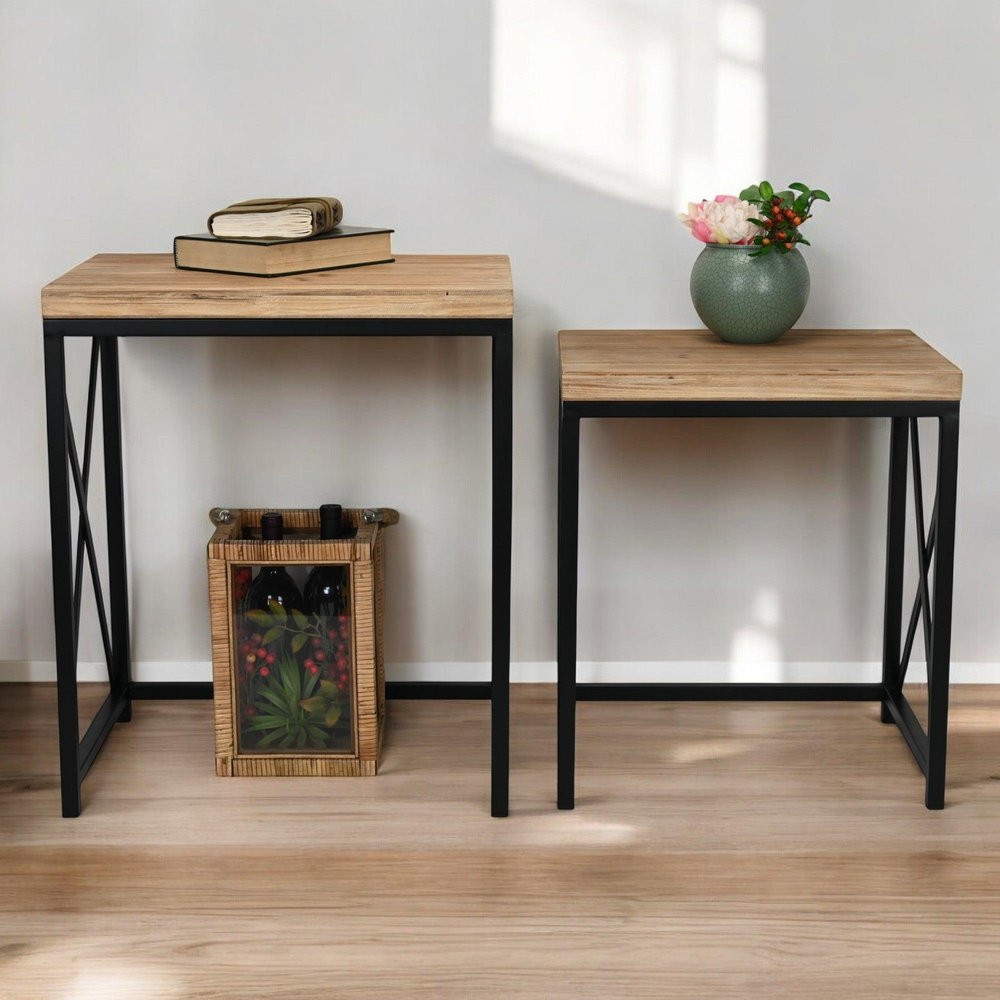 Set of Two Light Brown and Black Distressed Solid Wood and Steel Nested Tables — view 9