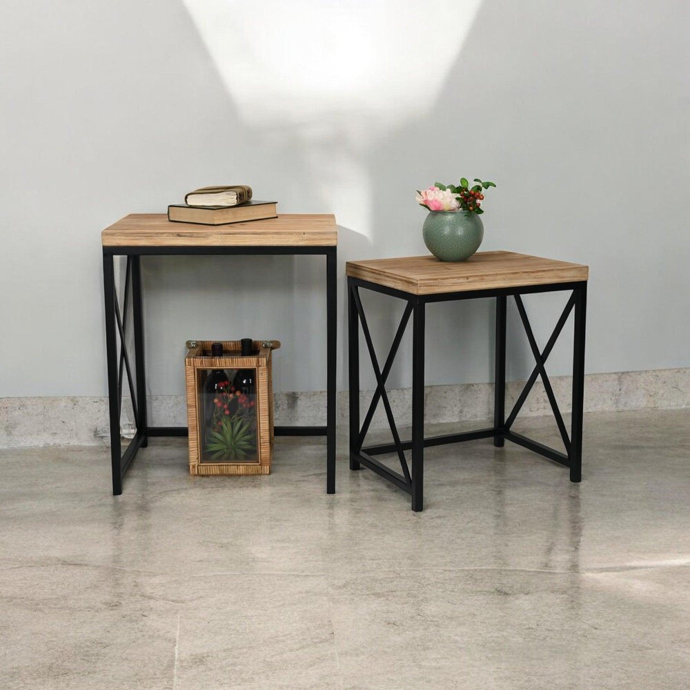 Set of Two Light Brown and Black Distressed Solid Wood and Steel Nested Tables — view 3