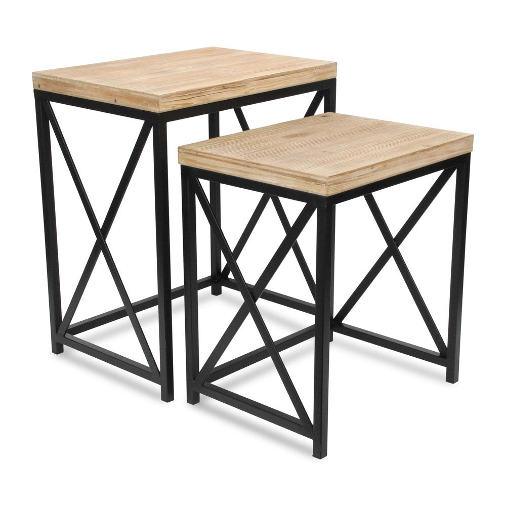 Set of Two Light Brown and Black Distressed Solid Wood and Steel Nested Tables — view 3