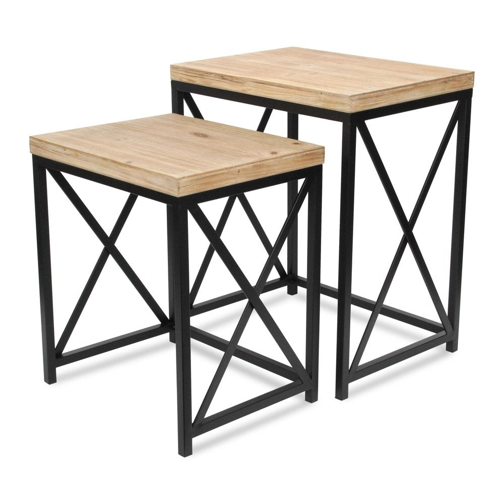 Set of Two Light Brown and Black Distressed Solid Wood and Steel Nested Tables — view 5