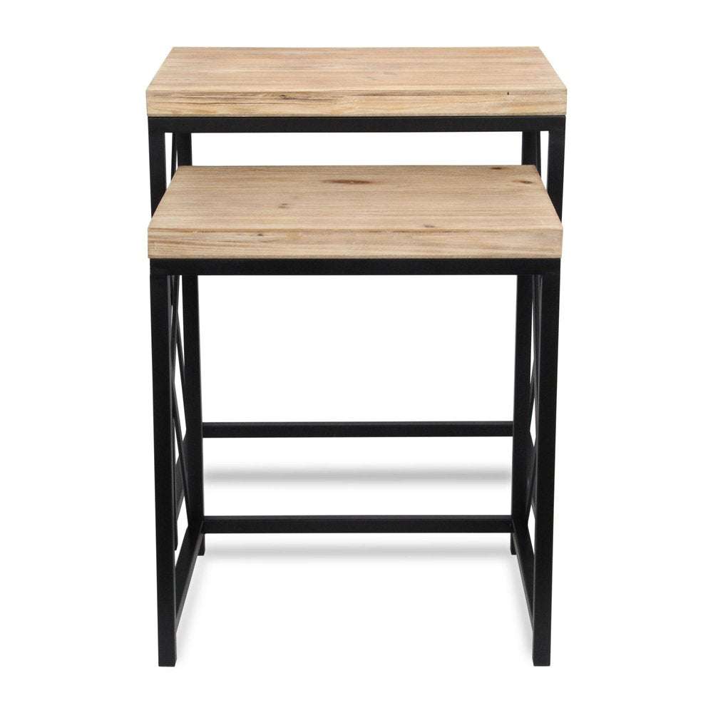 Set of Two Light Brown and Black Distressed Solid Wood and Steel Nested Tables HomeRoots
