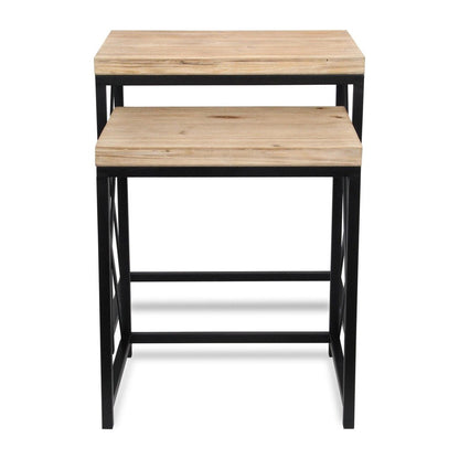 Set of Two Light Brown and Black Distressed Solid Wood and Steel Nested Tables HomeRoots