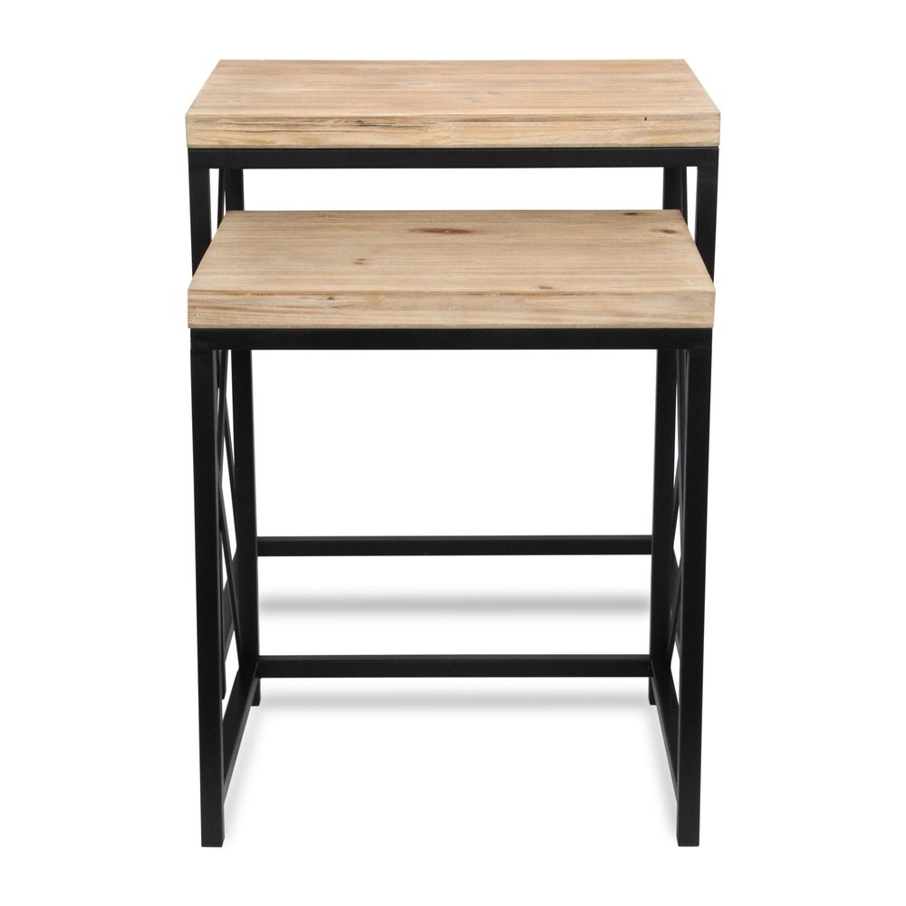 Set of Two Light Brown and Black Distressed Solid Wood and Steel Nested Tables — view 6