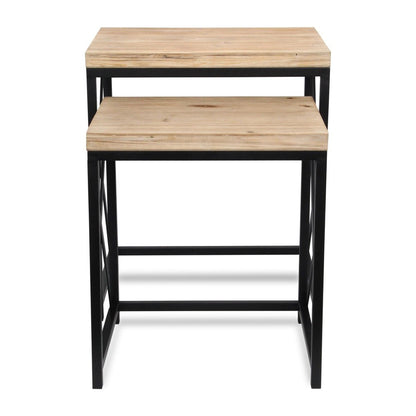 Set of Two Light Brown and Black Distressed Solid Wood and Steel Nested Tables