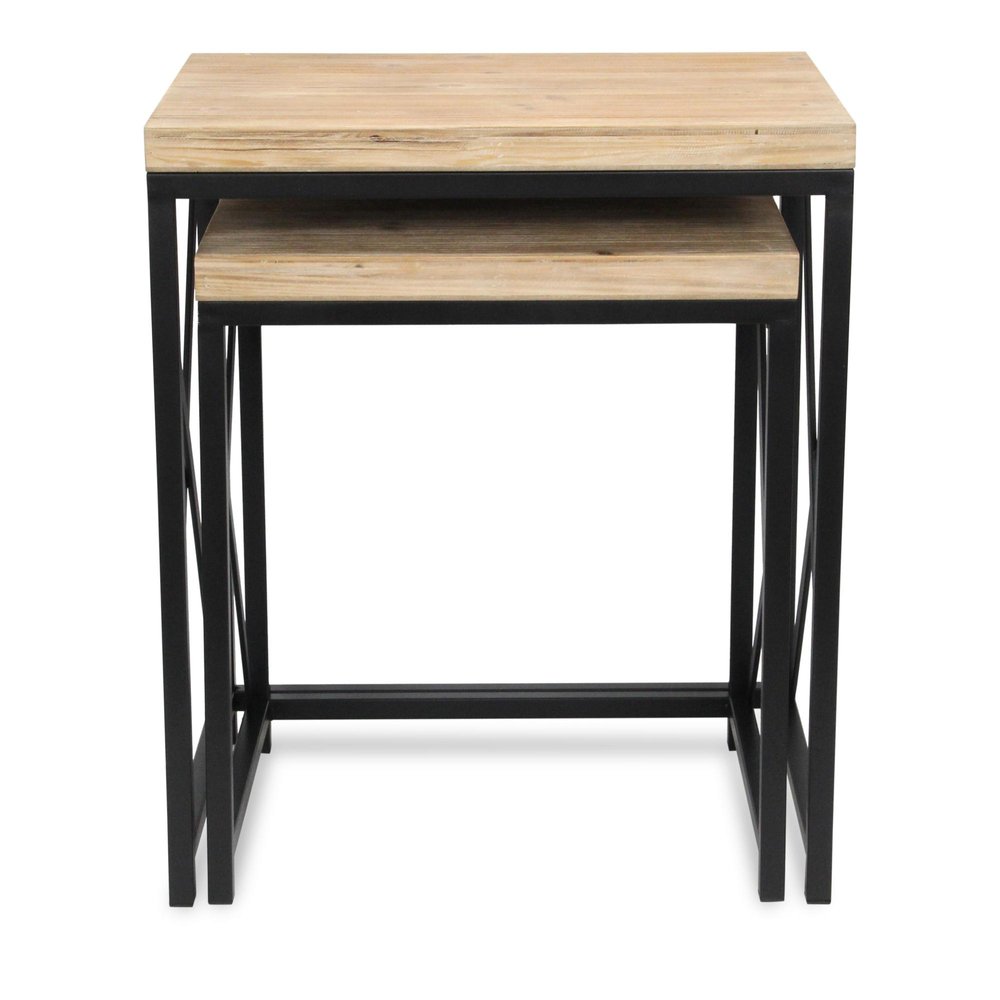 Set of Two Light Brown and Black Distressed Solid Wood and Steel Nested Tables — view 5
