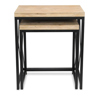 Set of Two Light Brown and Black Distressed Solid Wood and Steel Nested Tables HomeRoots