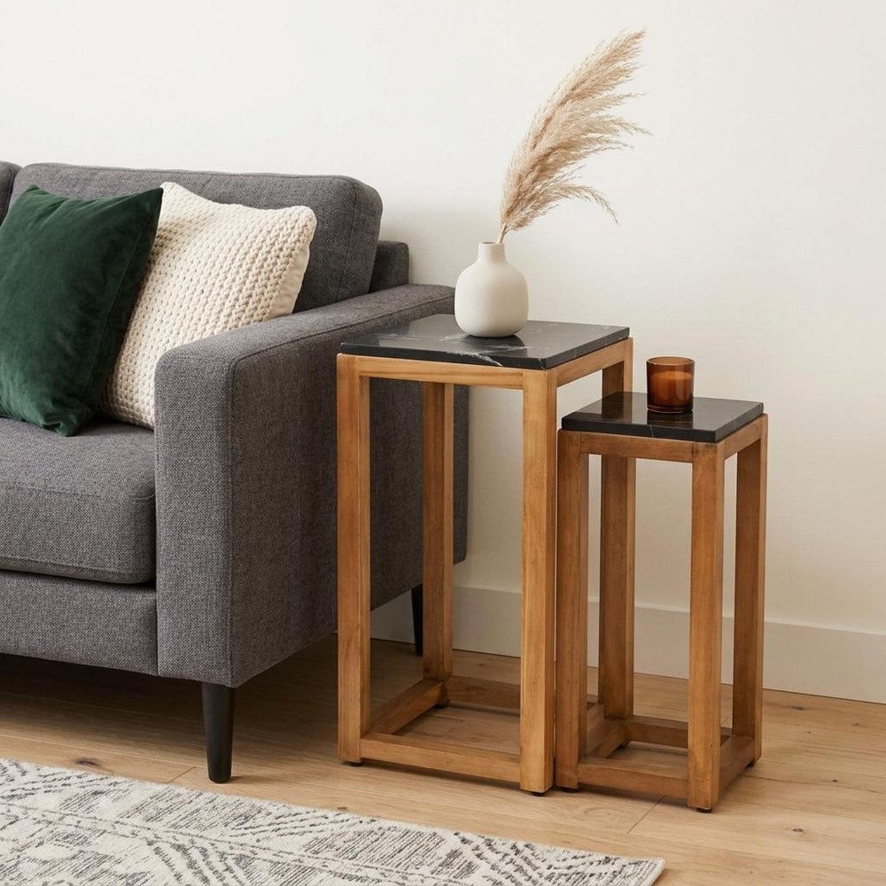 Set of Two Black and Brown Distressed Marble and Solid Wood Square Frame Nested Tables — view 8