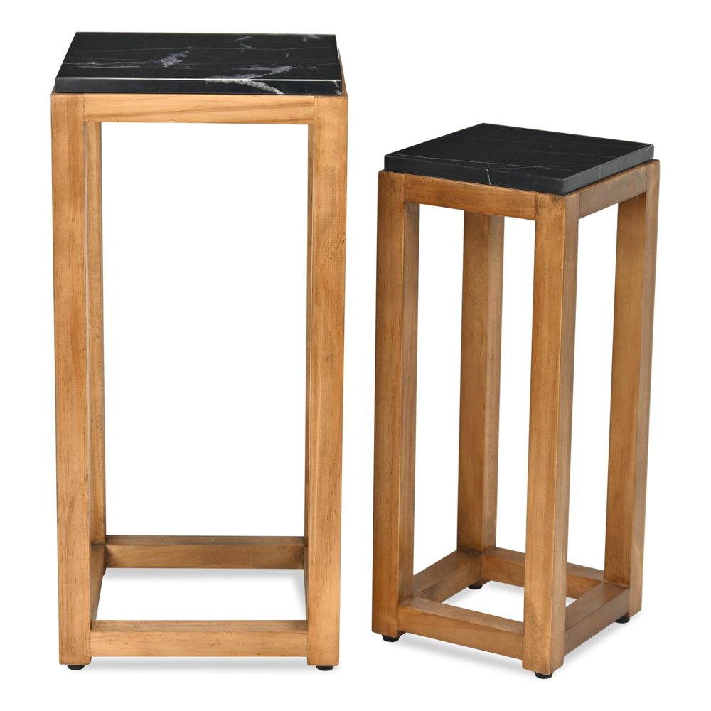 Set of Two Black and Brown Distressed Marble and Solid Wood Square Frame Nested Tables — view 3