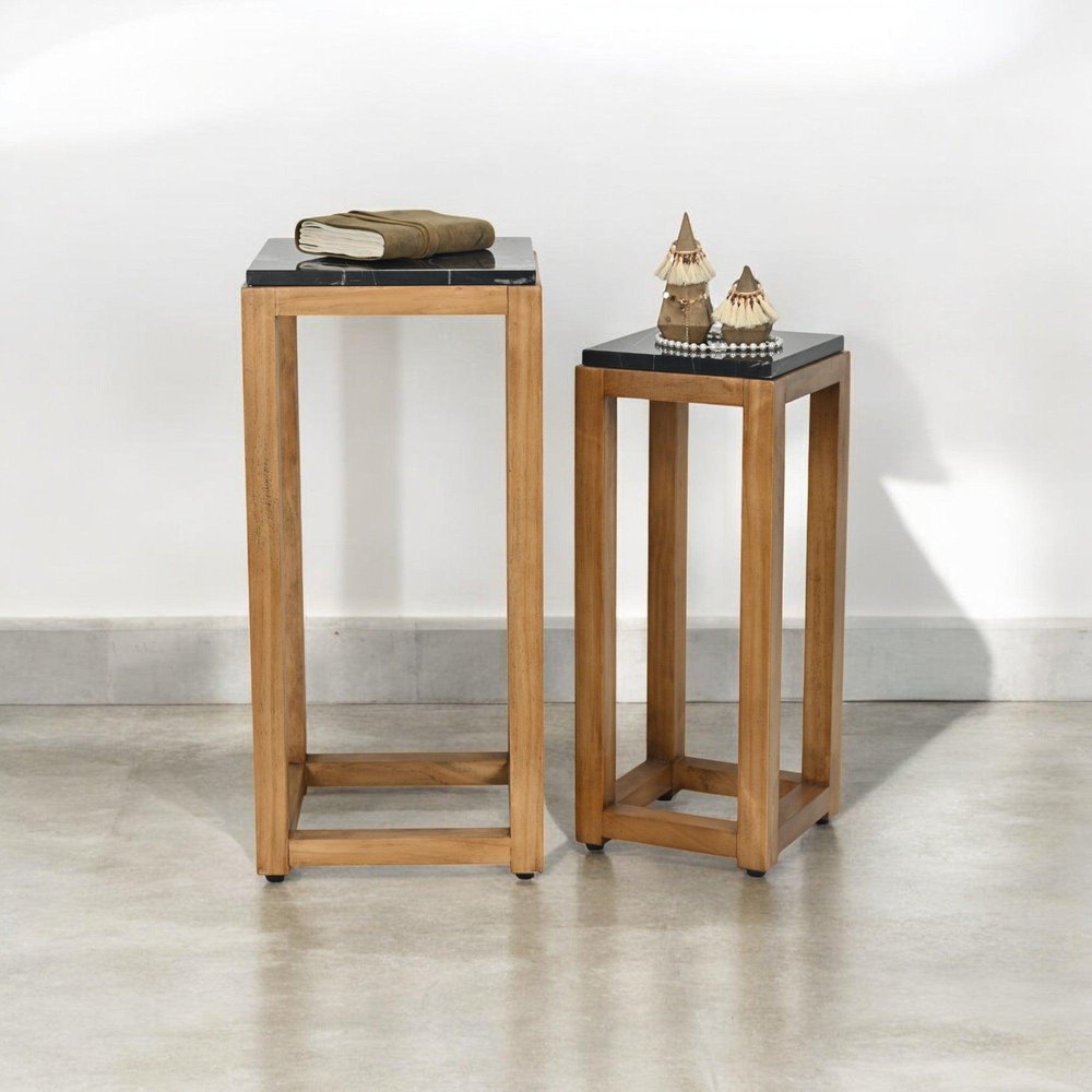 Set of Two Black and Brown Distressed Marble and Solid Wood Square Frame Nested Tables HomeRoots