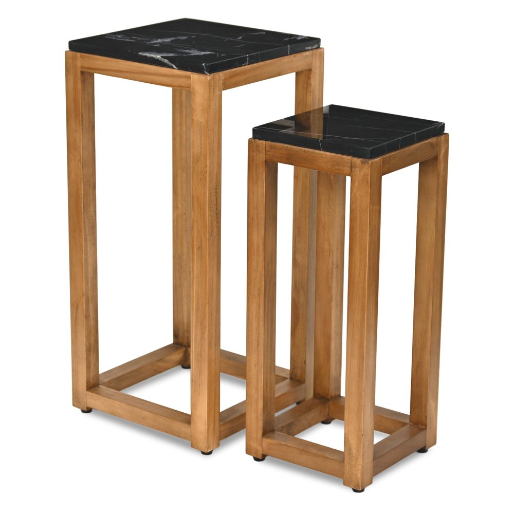 Set of Two Black and Brown Distressed Marble and Solid Wood Square Frame Nested Tables — view 4