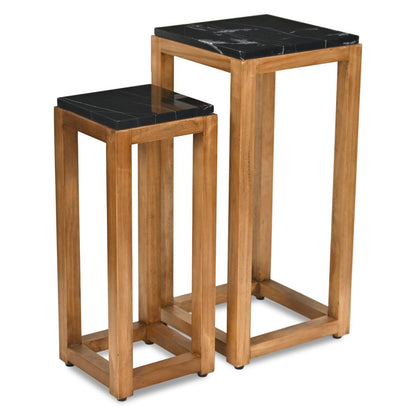 Set of Two Black and Brown Distressed Marble and Solid Wood Square Frame Nested Tables HomeRoots