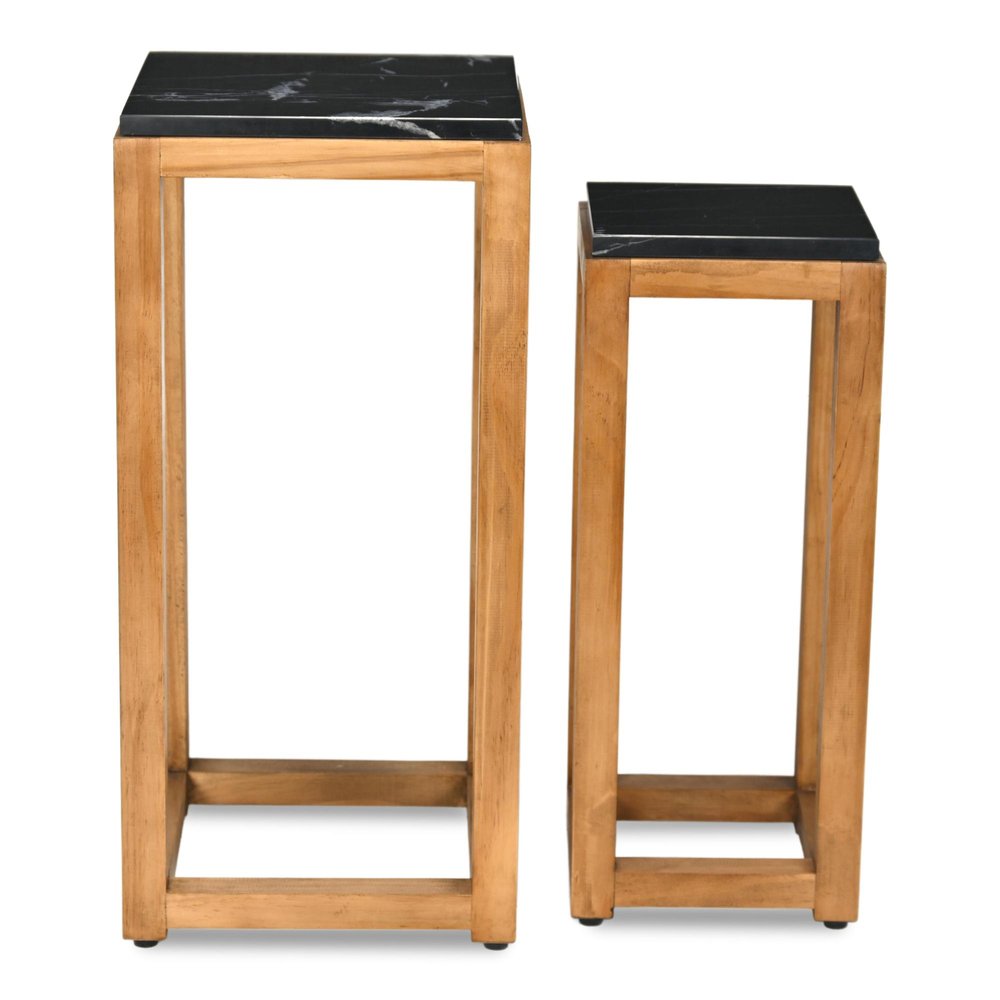 Set of Two Black and Brown Distressed Marble and Solid Wood Square Frame Nested Tables — view 5