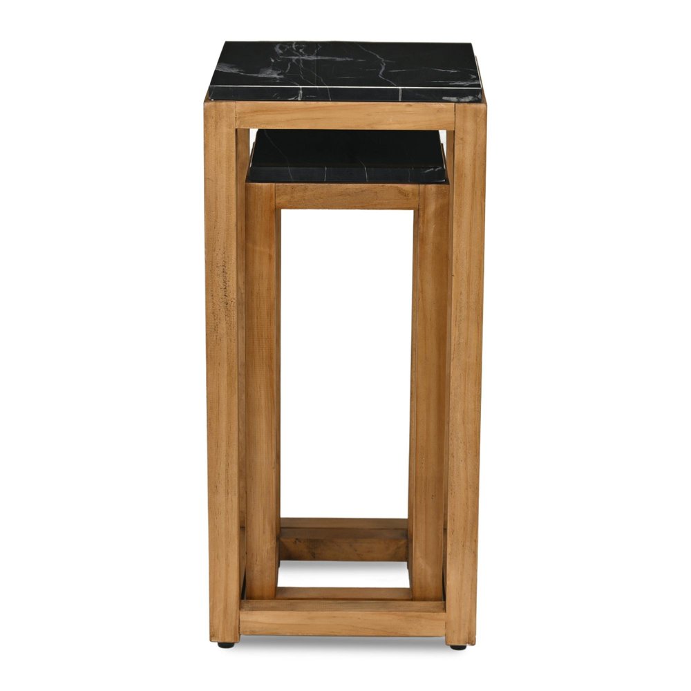 Set of Two Black and Brown Distressed Marble and Solid Wood Square Frame Nested Tables — view 6
