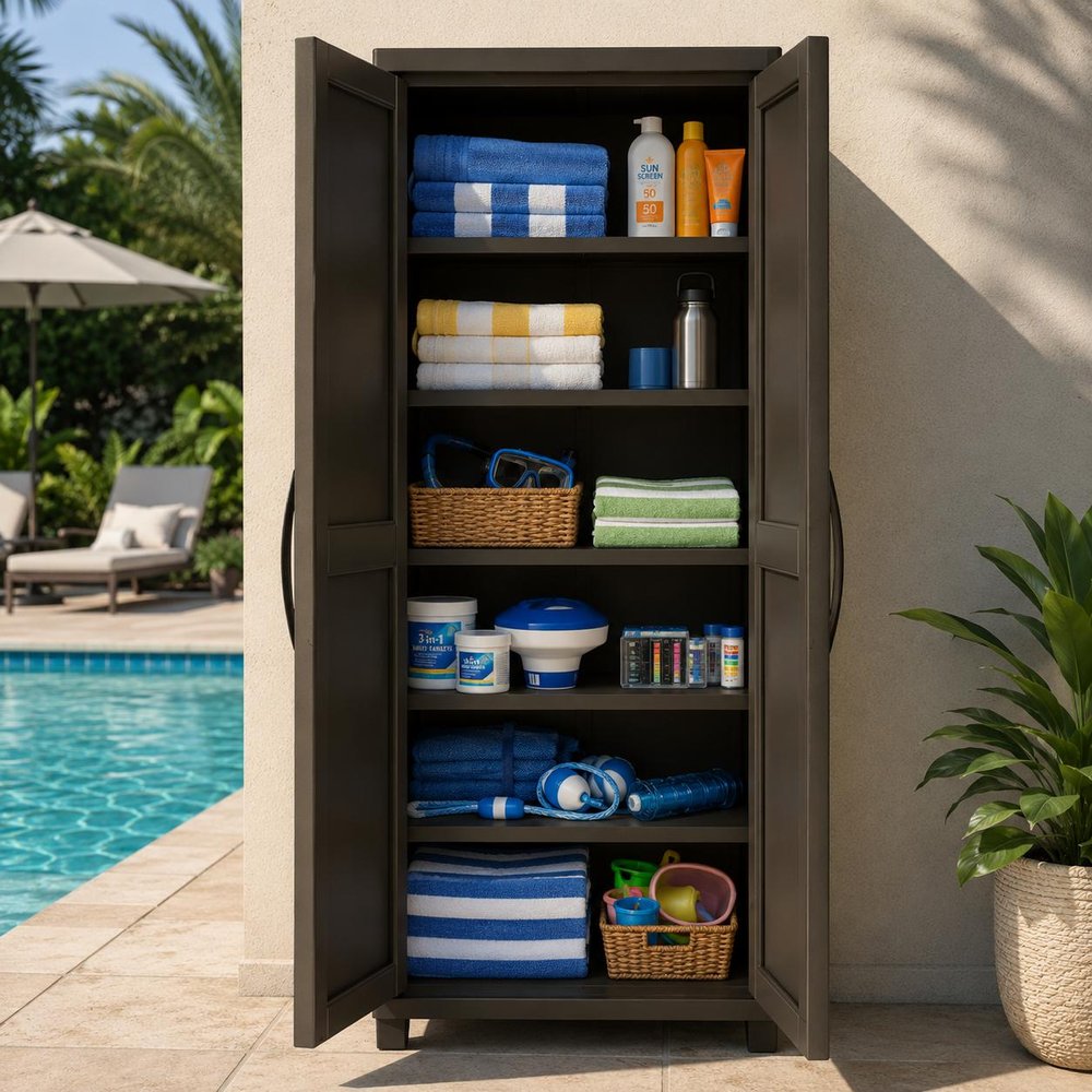72" Espresso Heavy Duty Resin Faux Rattan Two Door Storage Cabinet — view 1