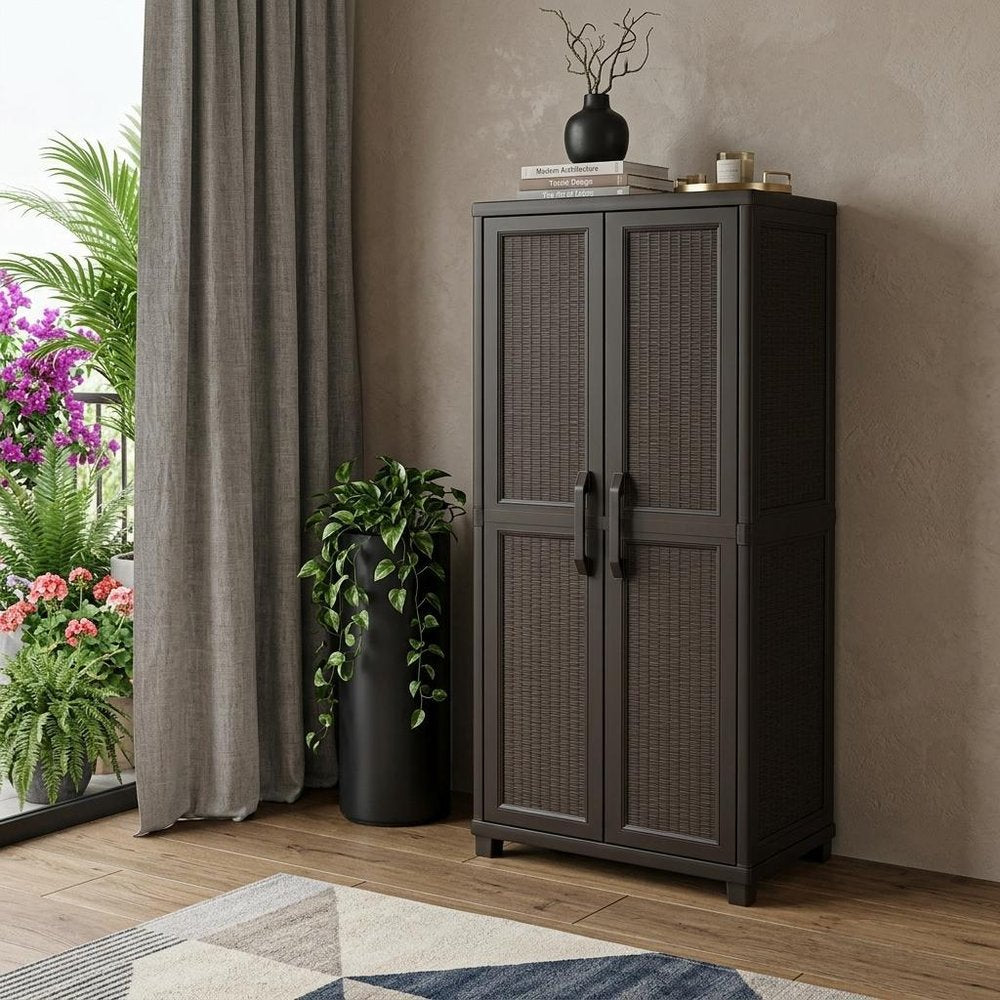 72" Espresso Heavy Duty Resin Faux Rattan Two Door Storage Cabinet HomeRoots
