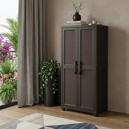 72" Espresso Heavy Duty Resin Faux Rattan Two Door Storage Cabinet HomeRoots