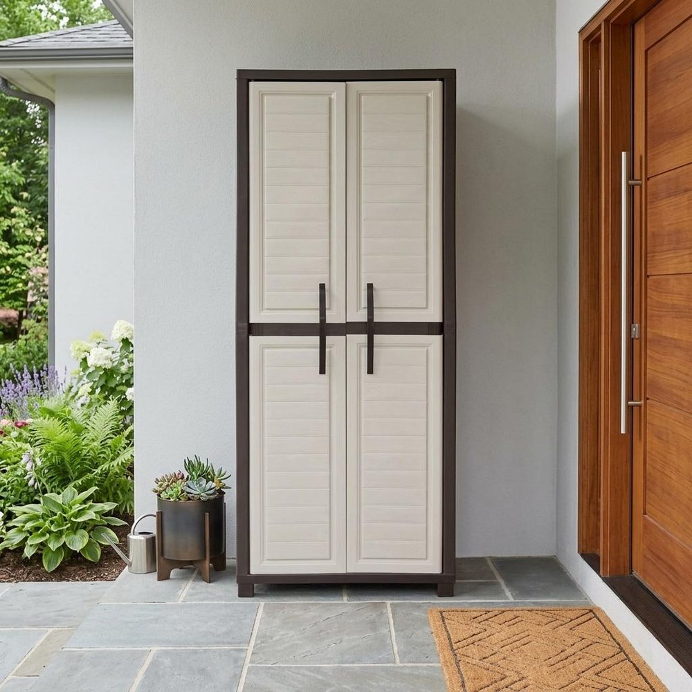 72" Taupe Heavy Duty Resin Shutter Style Two Door Storage Cabinet HomeRoots