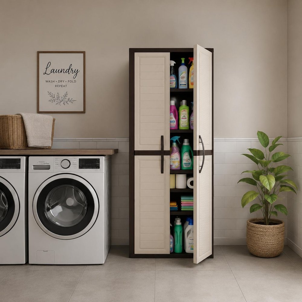 72" Taupe Heavy Duty Resin Shutter Style Two Door Storage Cabinet HomeRoots