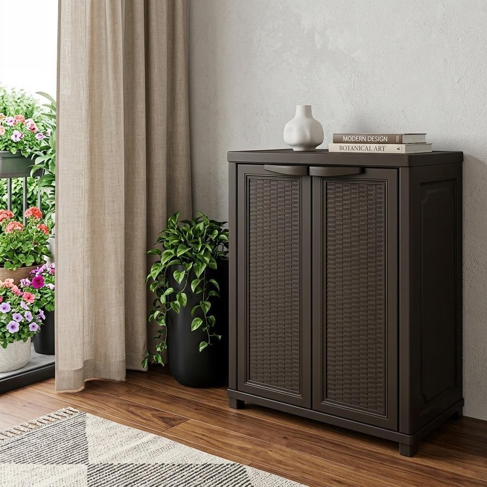 37" Espresso Heavy Duty Resin Faux Rattan Two Door Storage Cabinet — view 2