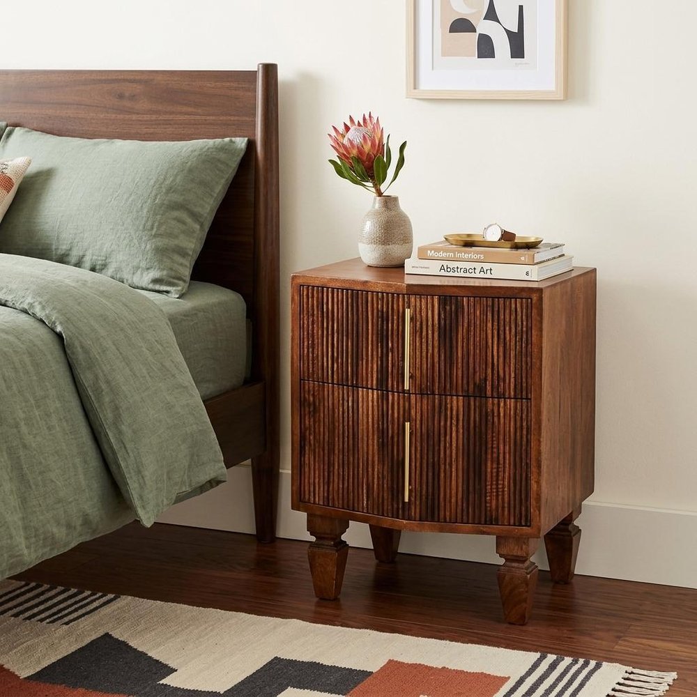 22" Brown Solid Wood Ribbed Texture Two Drawer Nightstand — view 10