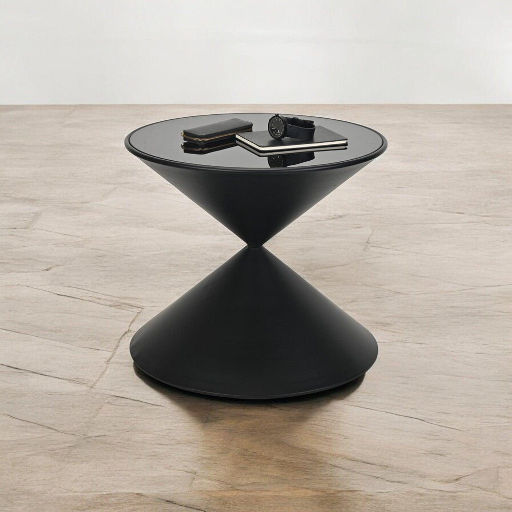 17" Black Glass and Steel Round Hourglass End Table — view 7
