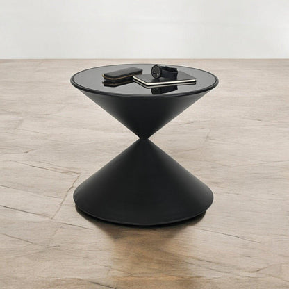 17" Black Glass and Steel Round Hourglass End Table HomeRoots