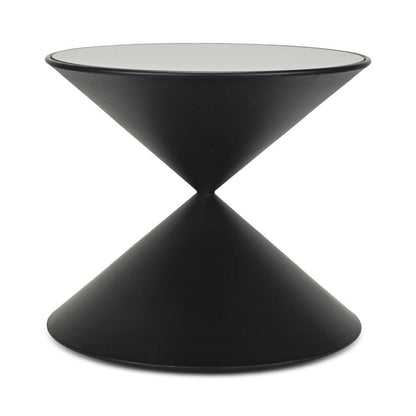 17" Black Glass and Steel Round Hourglass End Table
