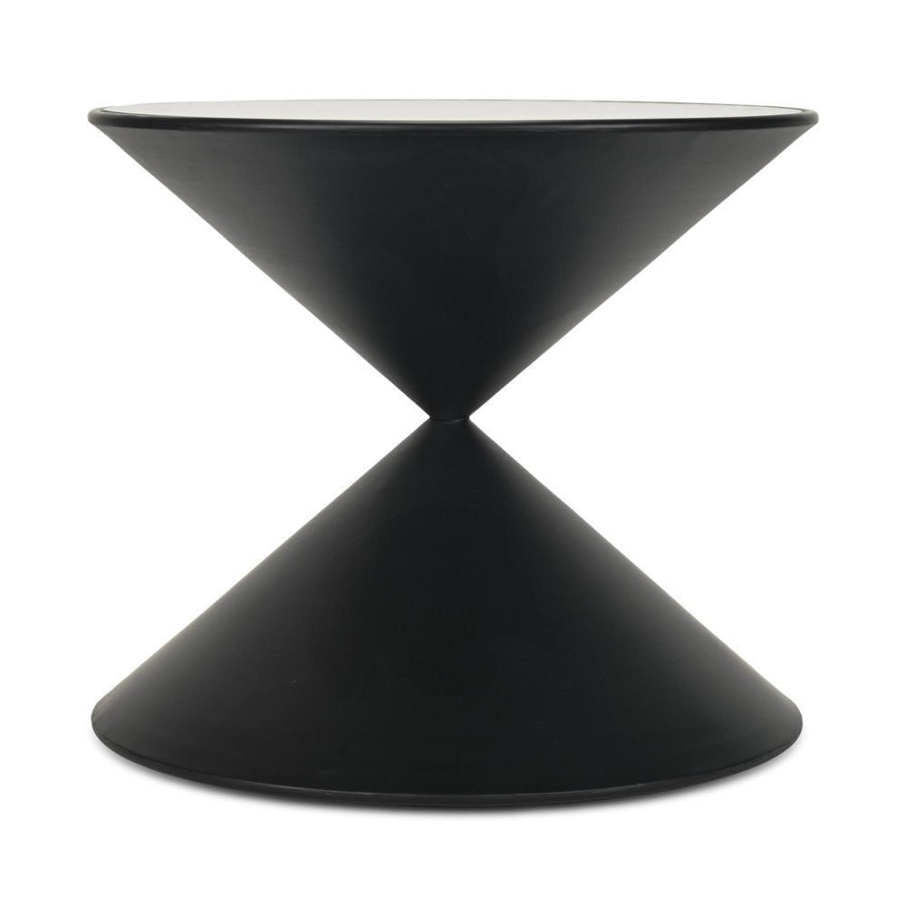 17" Black Glass and Steel Round Hourglass End Table