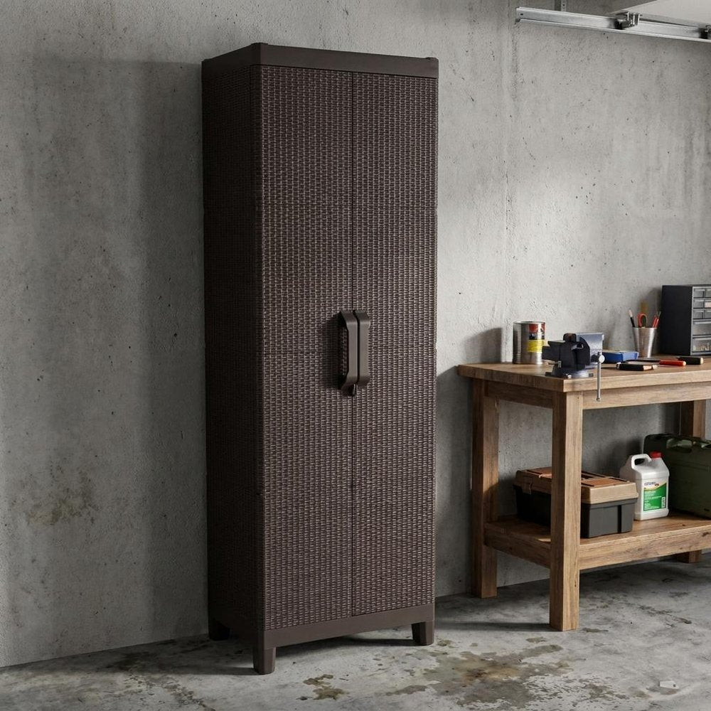 57" Espresso Heavy Duty Resin Faux Rattan Two Door Storage Cabinet HomeRoots