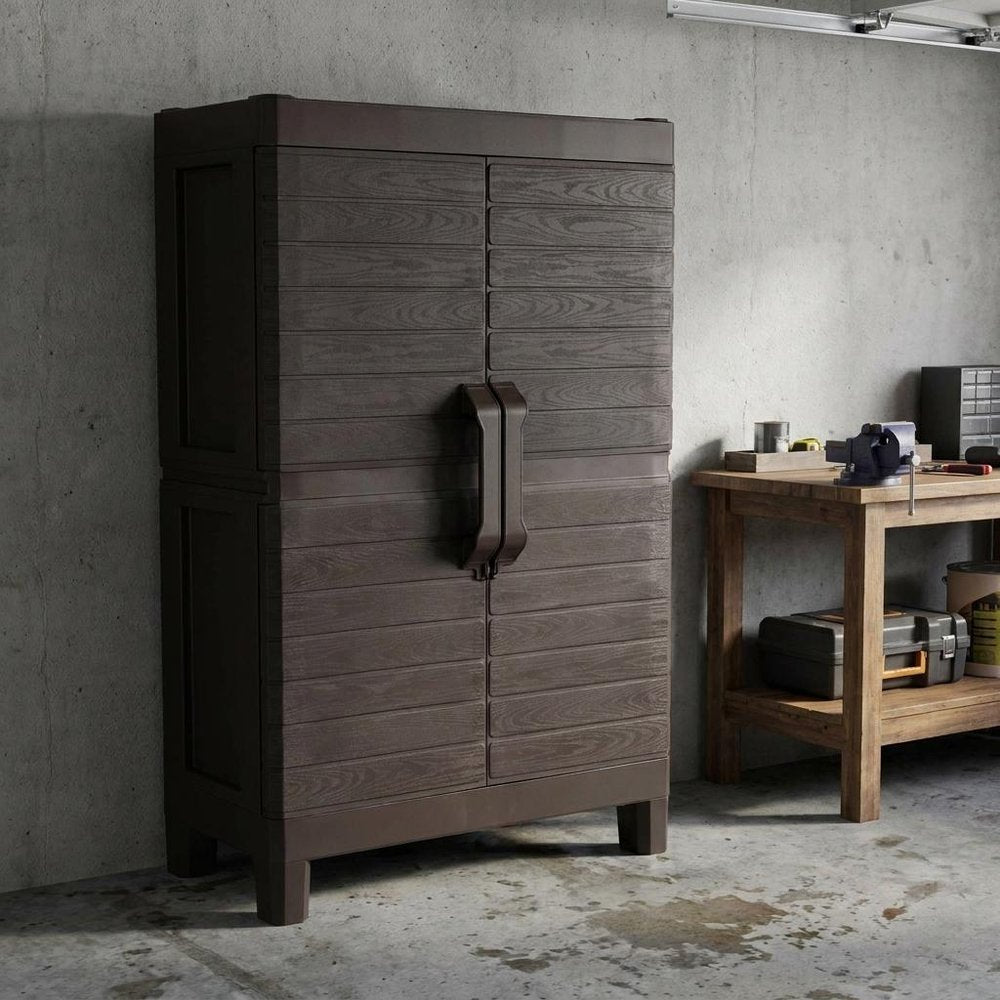 57" Espresso Heavy Duty Resin Faux Wood Plank Two Door Storage Cabinet HomeRoots