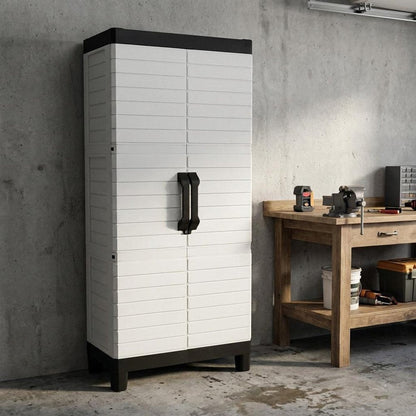 75" Gray And Black Heavy Duty Resin Faux Wood Two Door Storage Cabinet