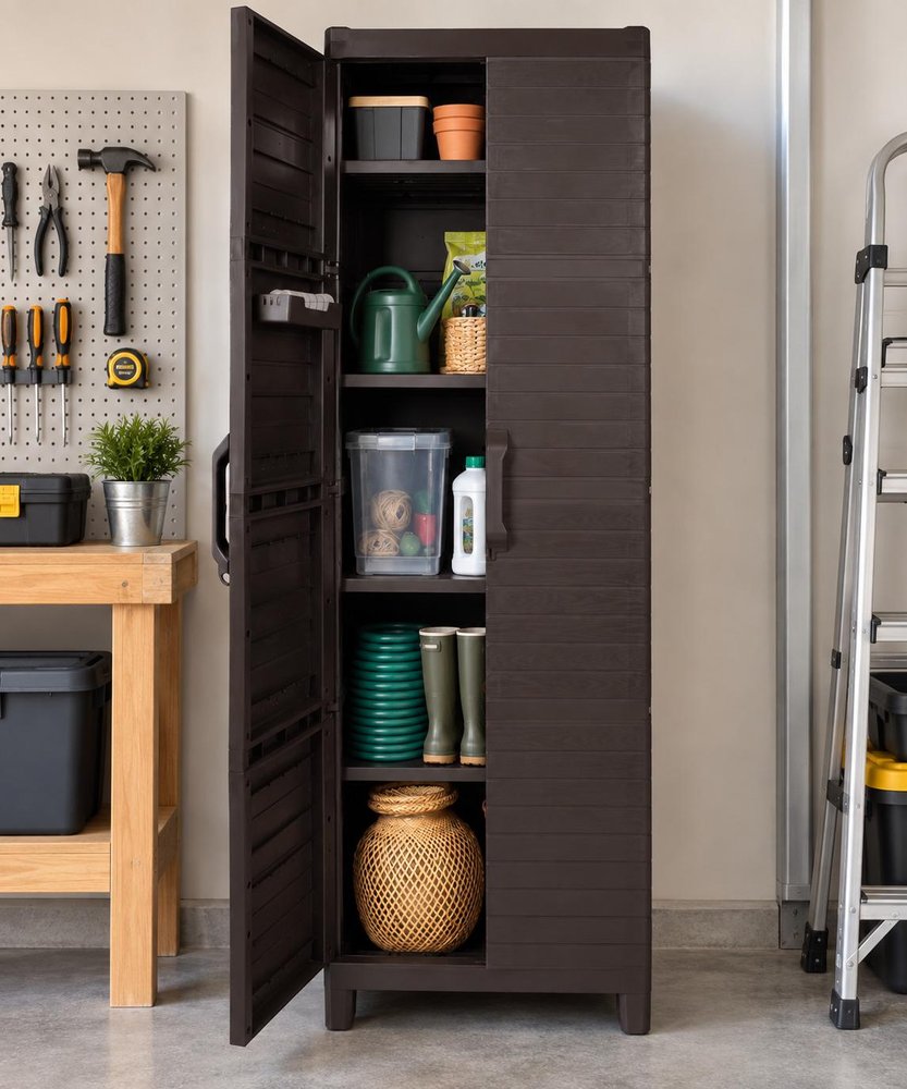 57" Espresso Heavy Duty Resin Faux Wood Plank Two Door Storage Cabinet HomeRoots
