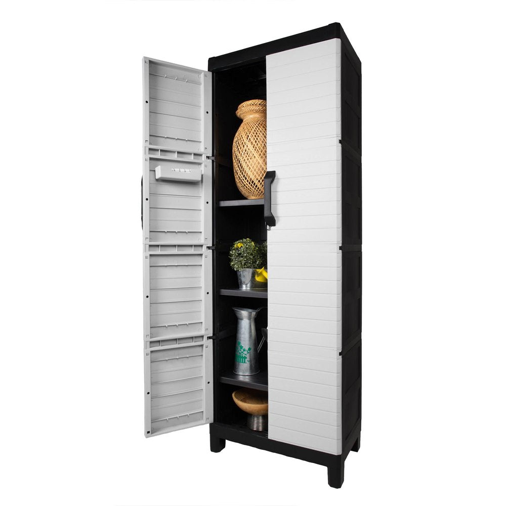 75" Gray And Black Heavy Duty Resin Faux Wood Two Door Storage Cabinet