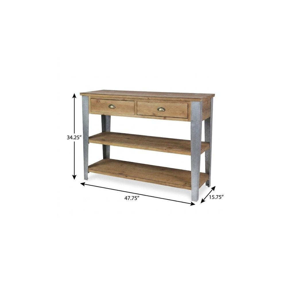 48" Natural and Gray Wood Console Table With Two Shelves And Two Drawers — view 8