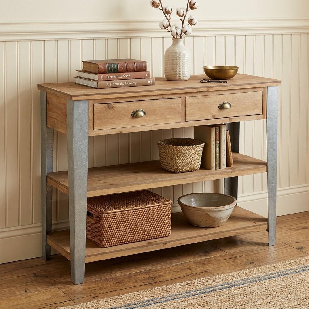 48" Natural and Gray Wood Console Table With Two Shelves And Two Drawers HomeRoots