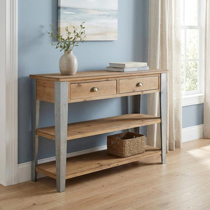 48" Natural and Gray Wood Console Table With Two Shelves And Two Drawers HomeRoots