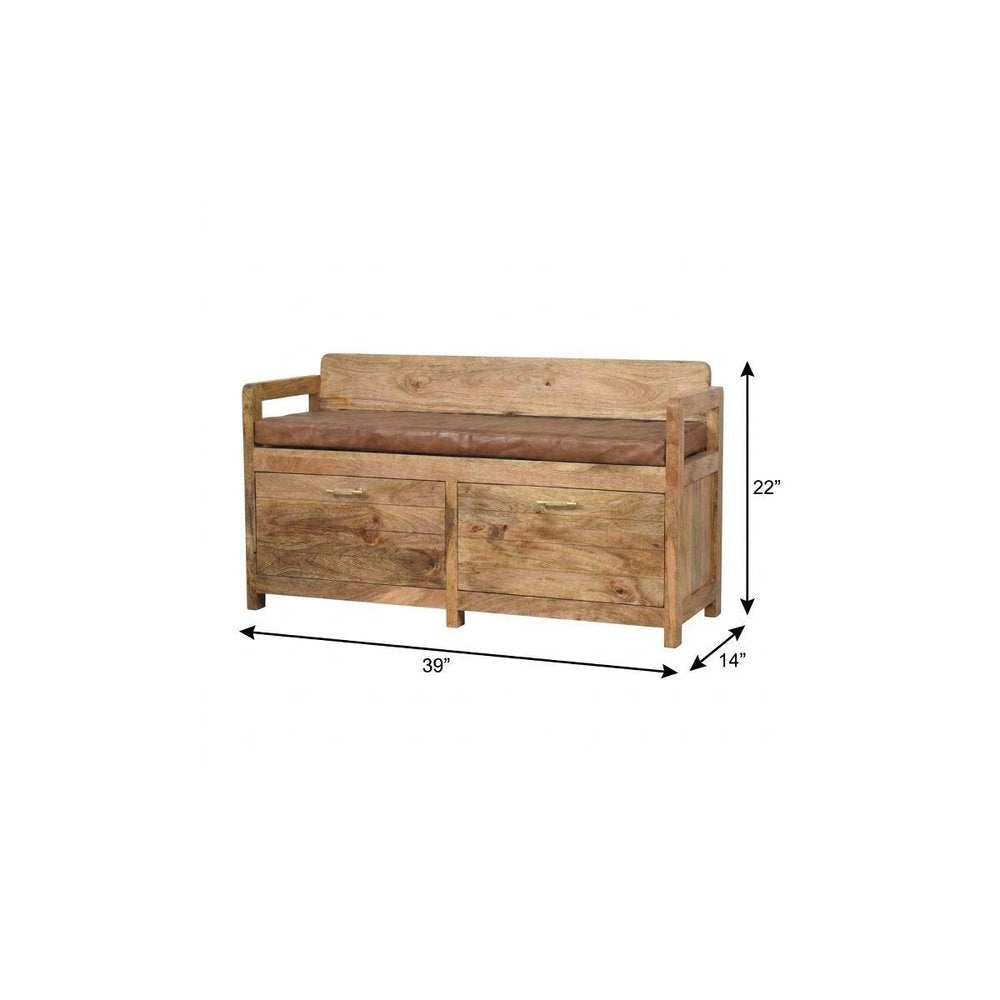 39" Brown And Oak Genuine Leather And Solid Wood Upholstered Storage Bench With Drawers — view 9