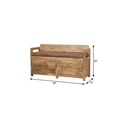 39" Brown And Oak Genuine Leather And Solid Wood Upholstered Storage Bench With Drawers HomeRoots