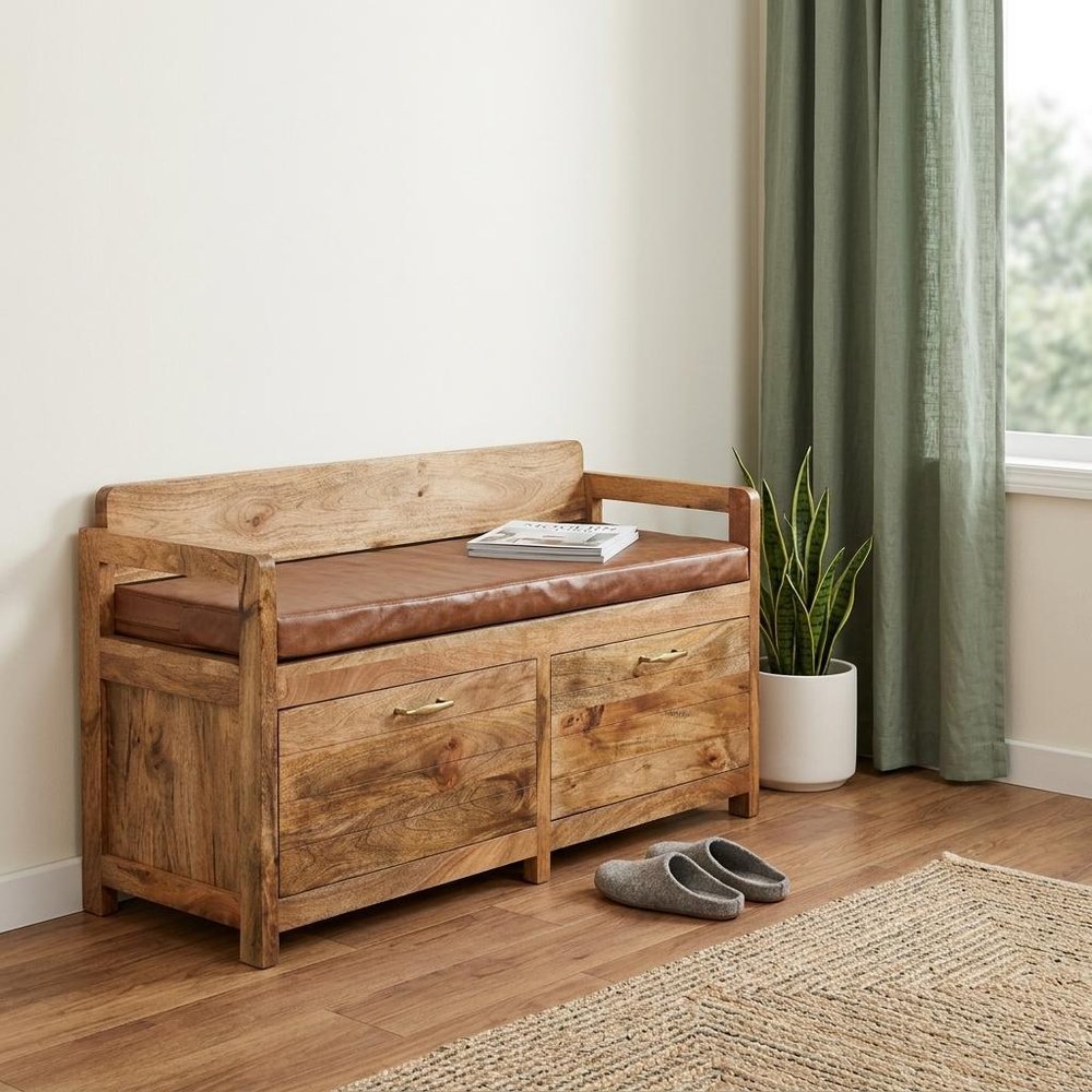 39" Brown And Oak Genuine Leather And Solid Wood Upholstered Storage Bench With Drawers — view 10