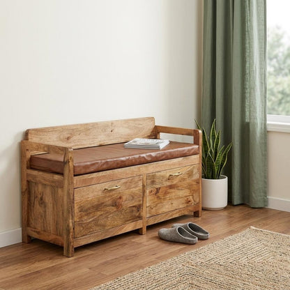 39" Brown And Oak Genuine Leather And Solid Wood Upholstered Storage Bench With Drawers HomeRoots